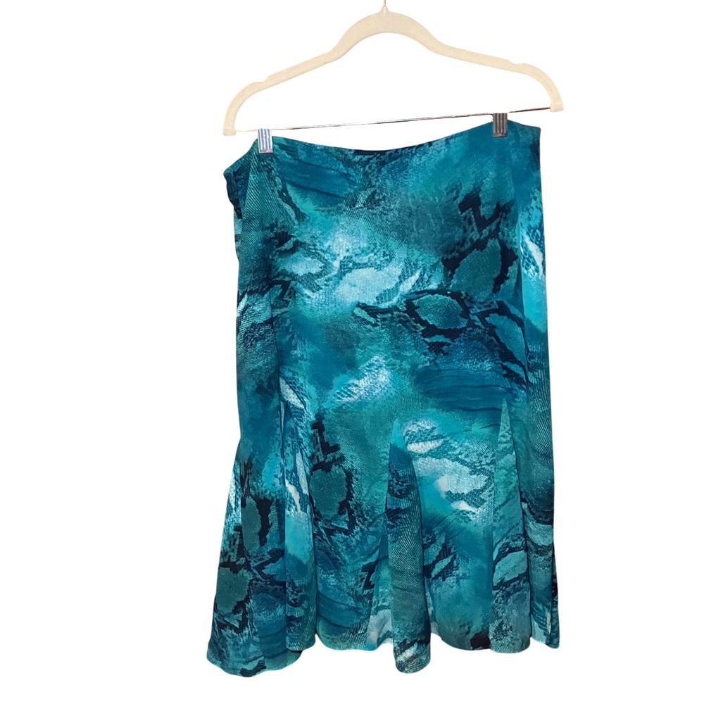 Chico's Snake Print Midi Skirt Women Size 2 Teal Turquoise  Godet Hem
